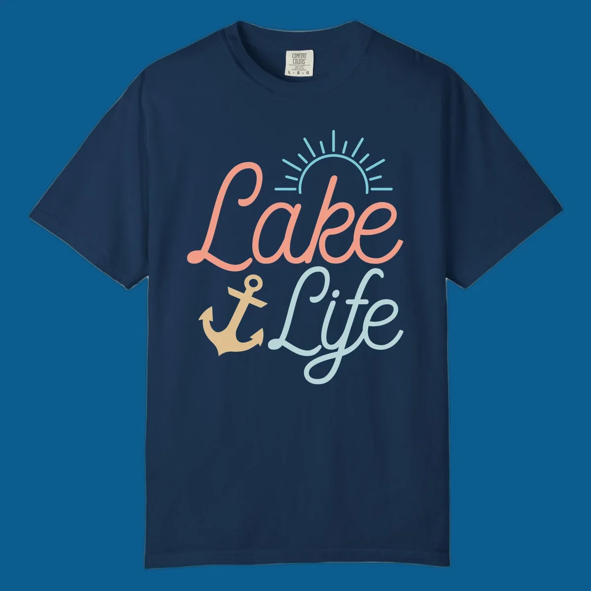 Lake life typography design with anchor and sun graphic