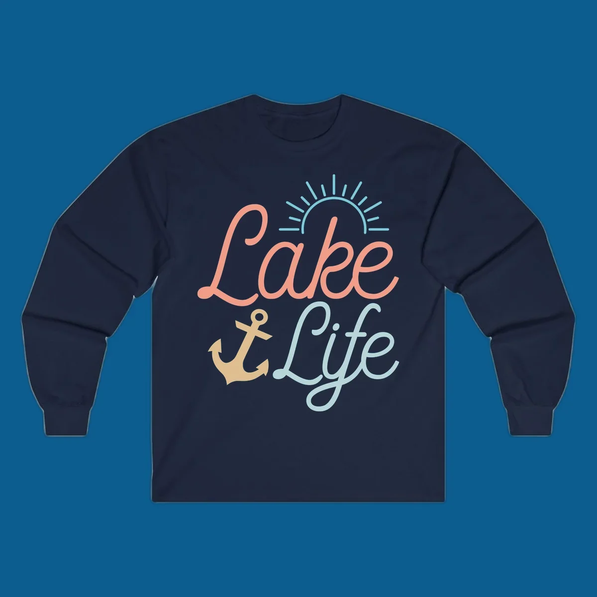 Lake life typography design with anchor and sun graphic