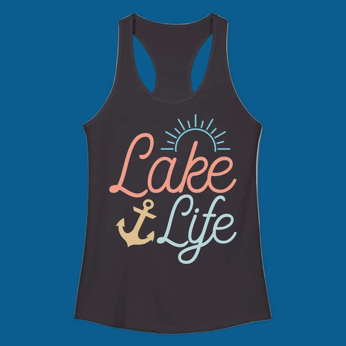 Lake life typography design with anchor and sun graphic