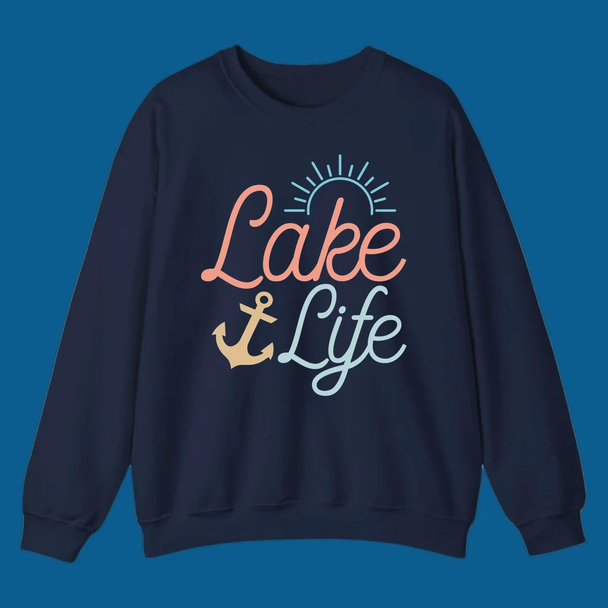 Lake life typography design with anchor and sun graphic