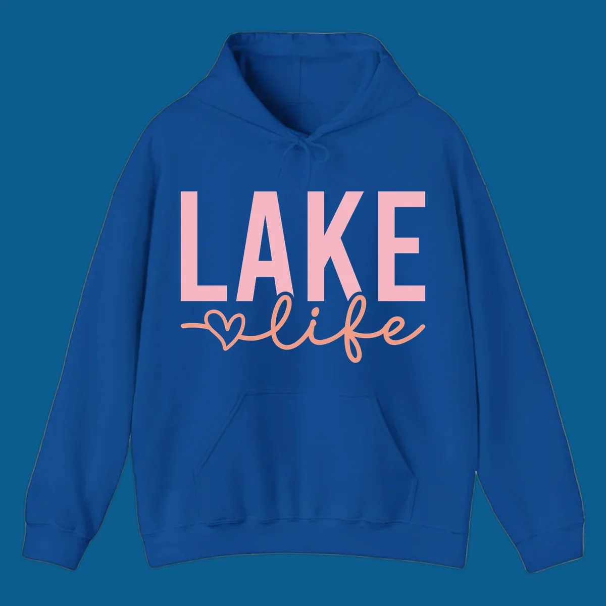 Lake life script design with pink letters and peach cursive text with a heart. lake-life-script