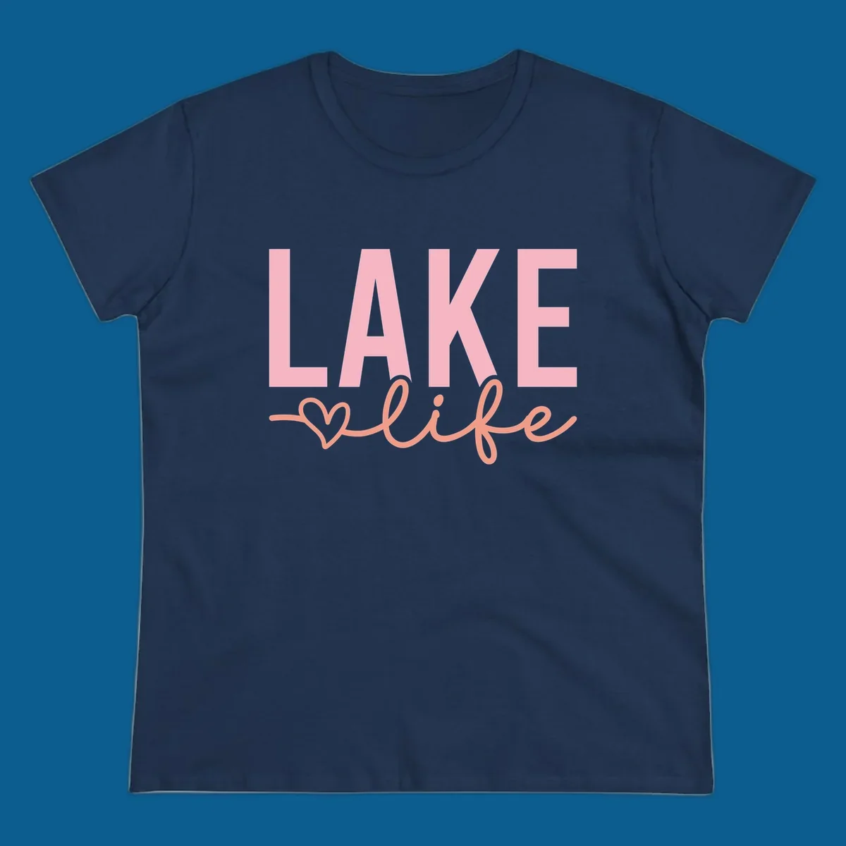 Lake life script design with pink letters and peach cursive text with a heart. lake-life-script