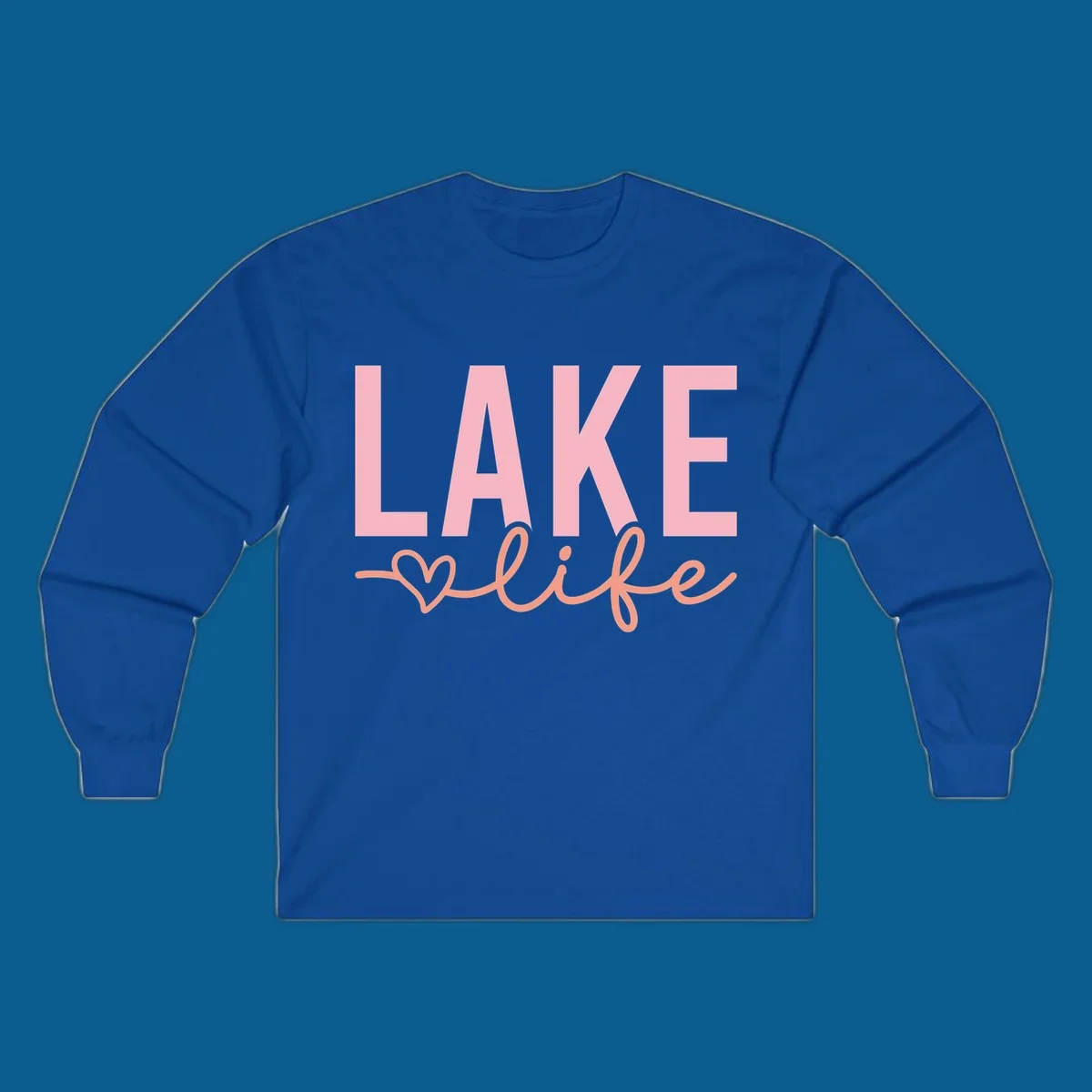 Lake life script design with pink letters and peach cursive text with a heart. lake-life-script
