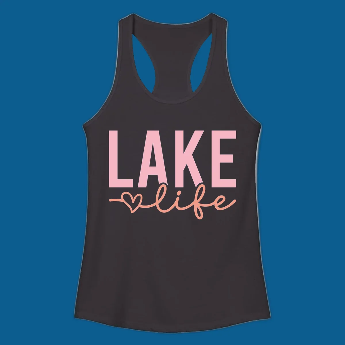 Lake life script design with pink letters and peach cursive text with a heart. lake-life-script
