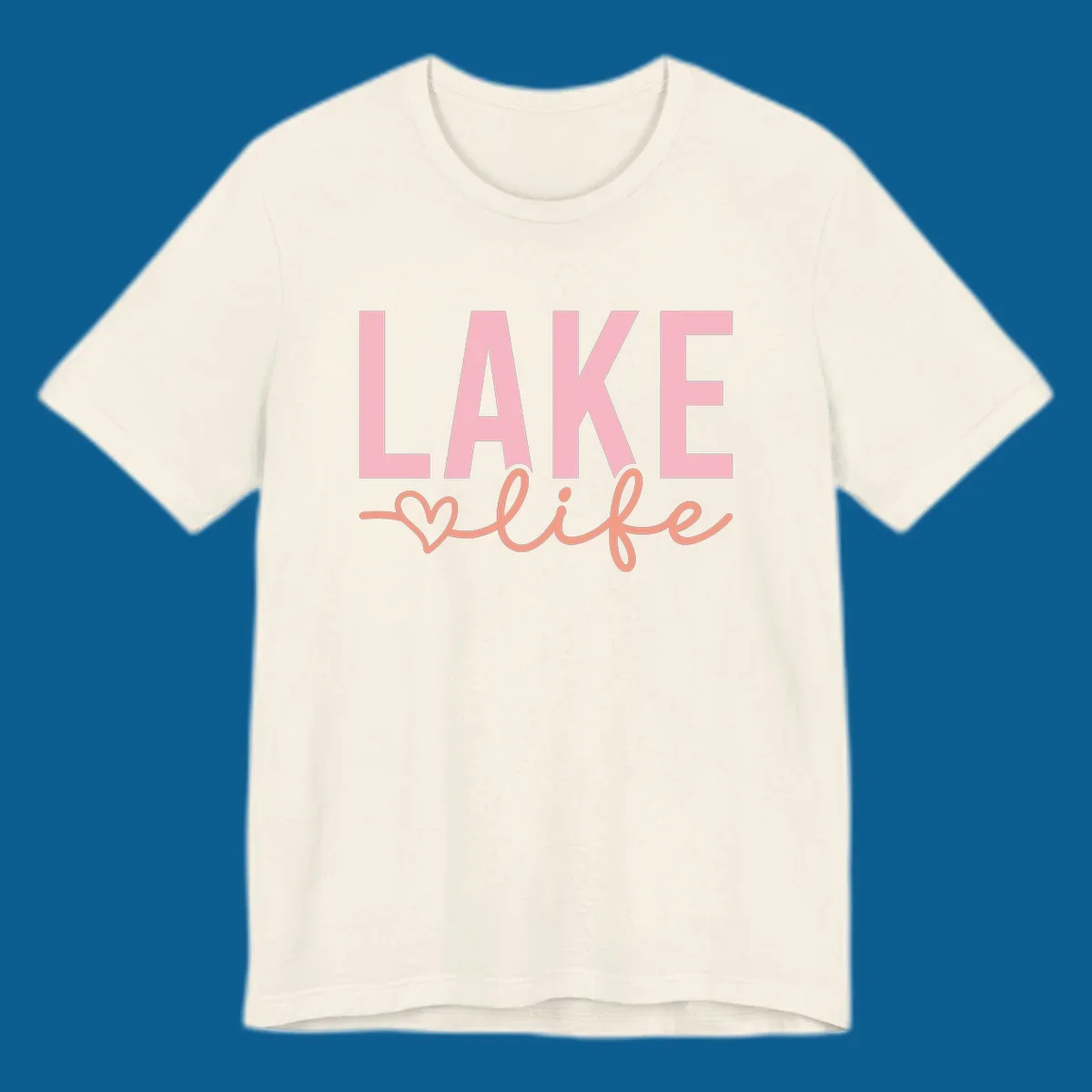 Lake life script design with pink letters and peach cursive text with a heart. lake-life-script