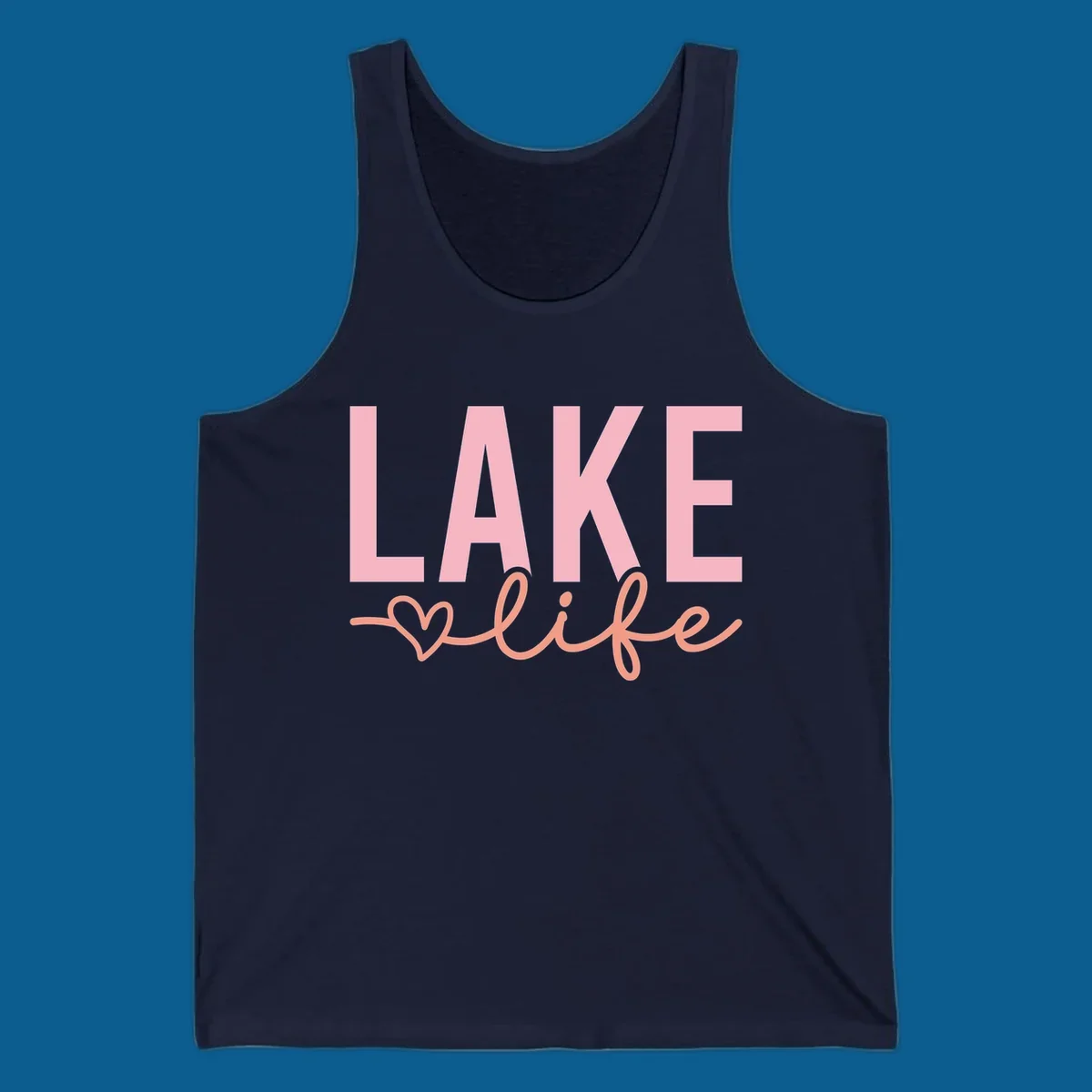 Lake life script design with pink letters and peach cursive text with a heart. lake-life-script