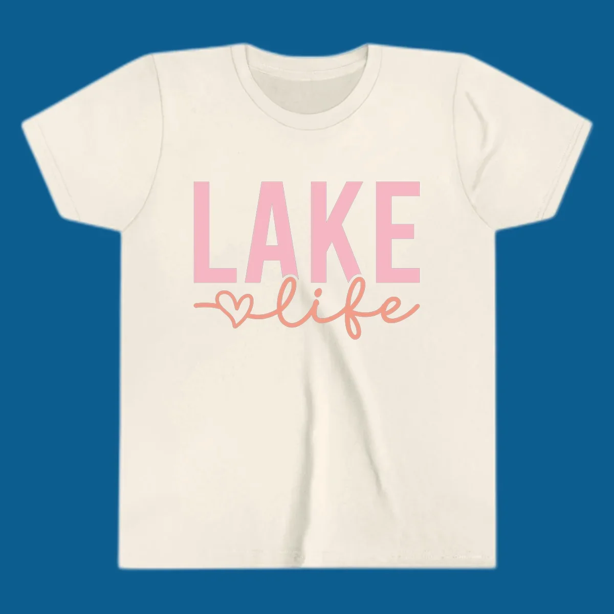 Lake life script design with pink letters and peach cursive text with a heart. lake-life-script