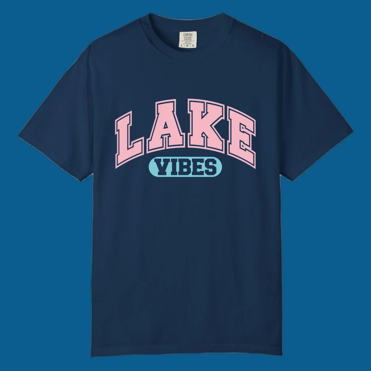 Lake Vibes arch logo with pink LAKE and light blue VIBES text.