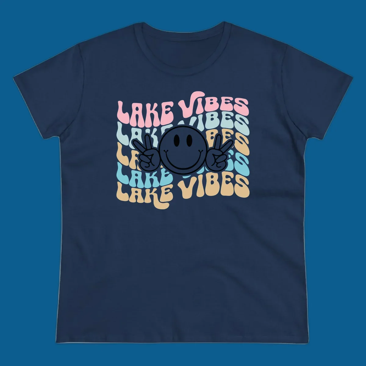 Retro lake vibes text with a black smiley face and peace signs.