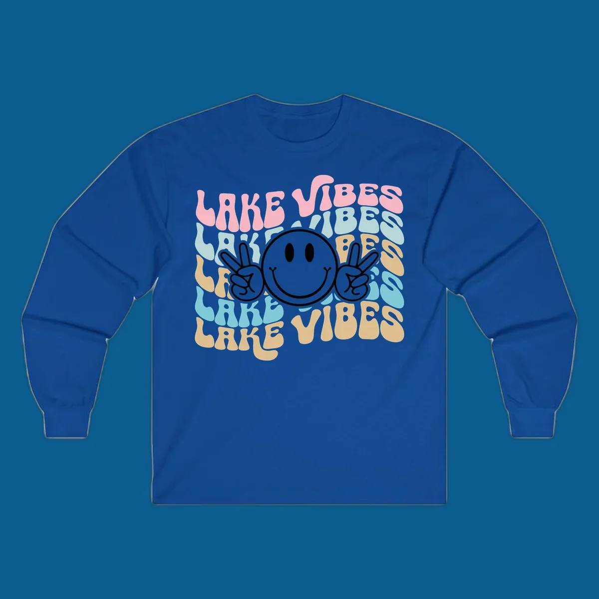 Retro lake vibes text with a black smiley face and peace signs.