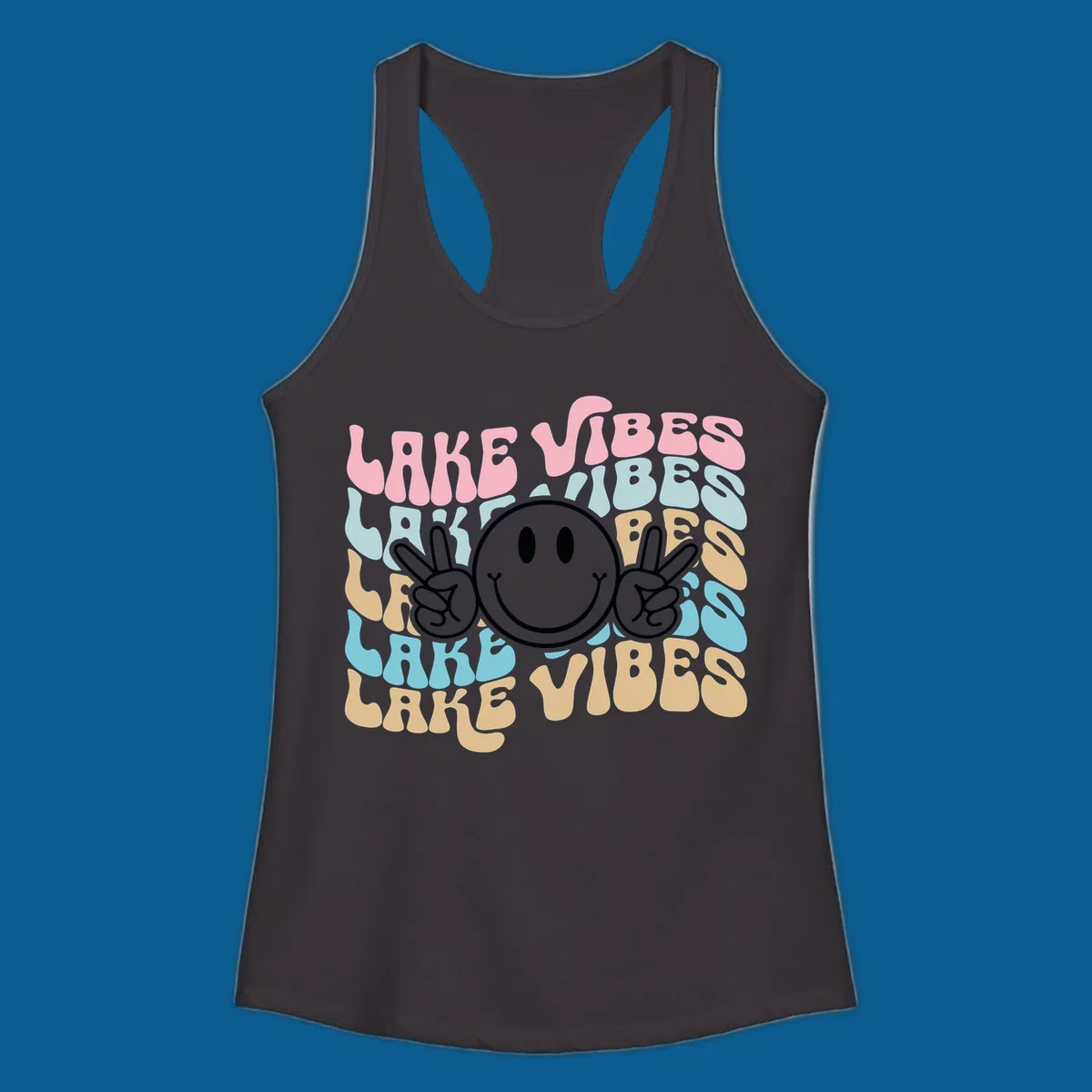 Retro lake vibes text with a black smiley face and peace signs.