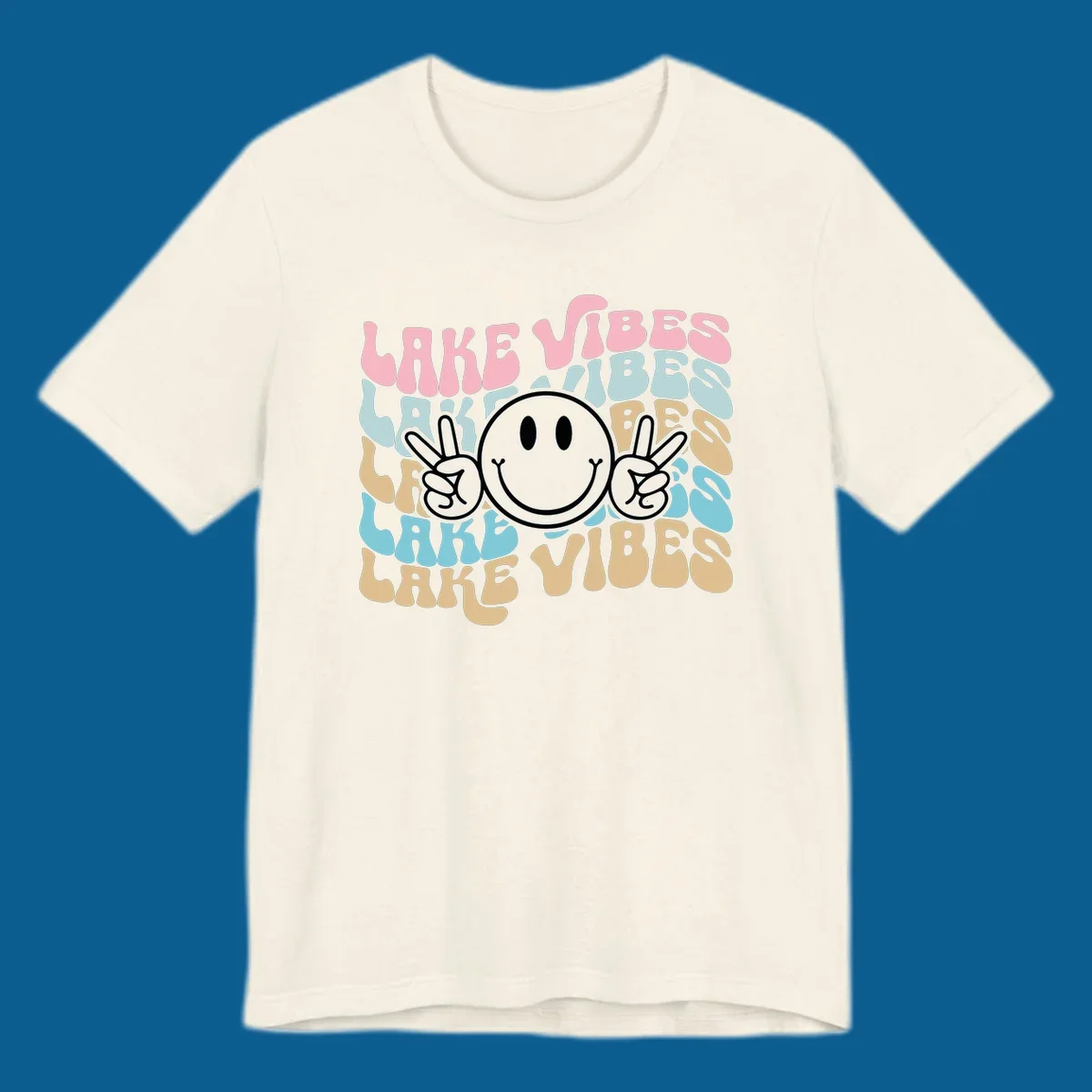 Retro lake vibes text with a black smiley face and peace signs.