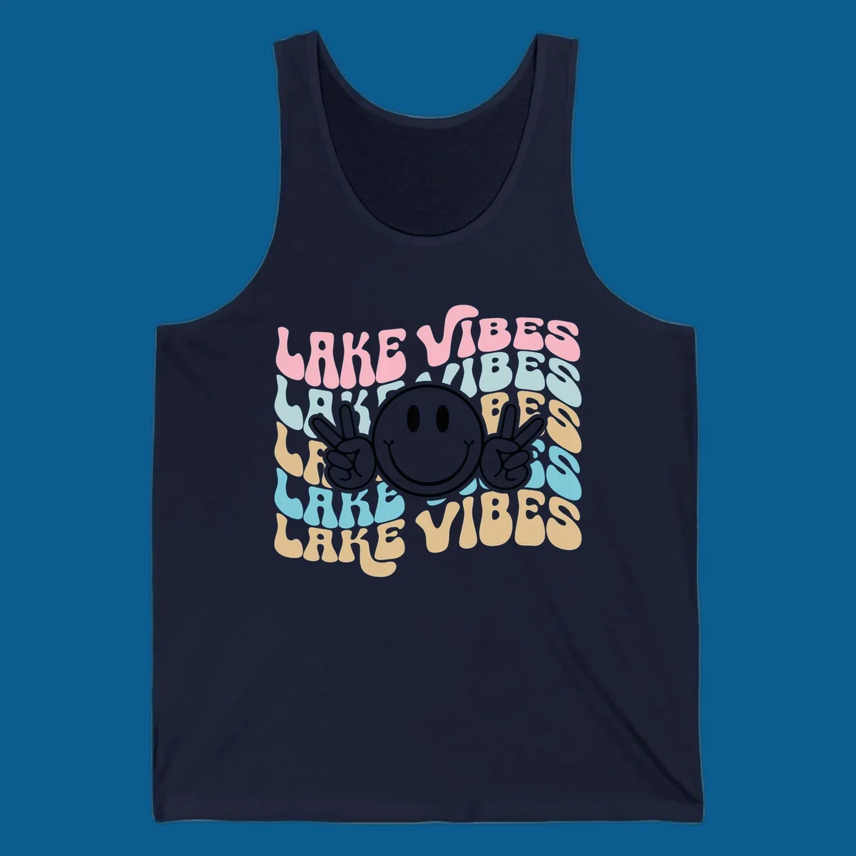 Retro lake vibes text with a black smiley face and peace signs.