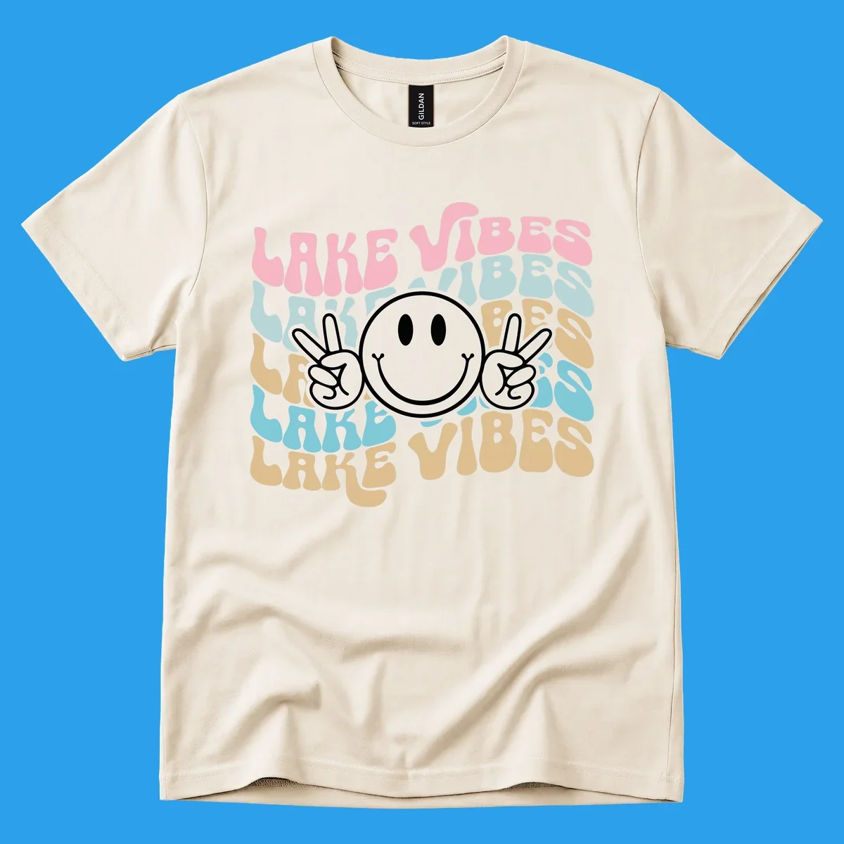 Retro lake vibes text with a black smiley face and peace signs.