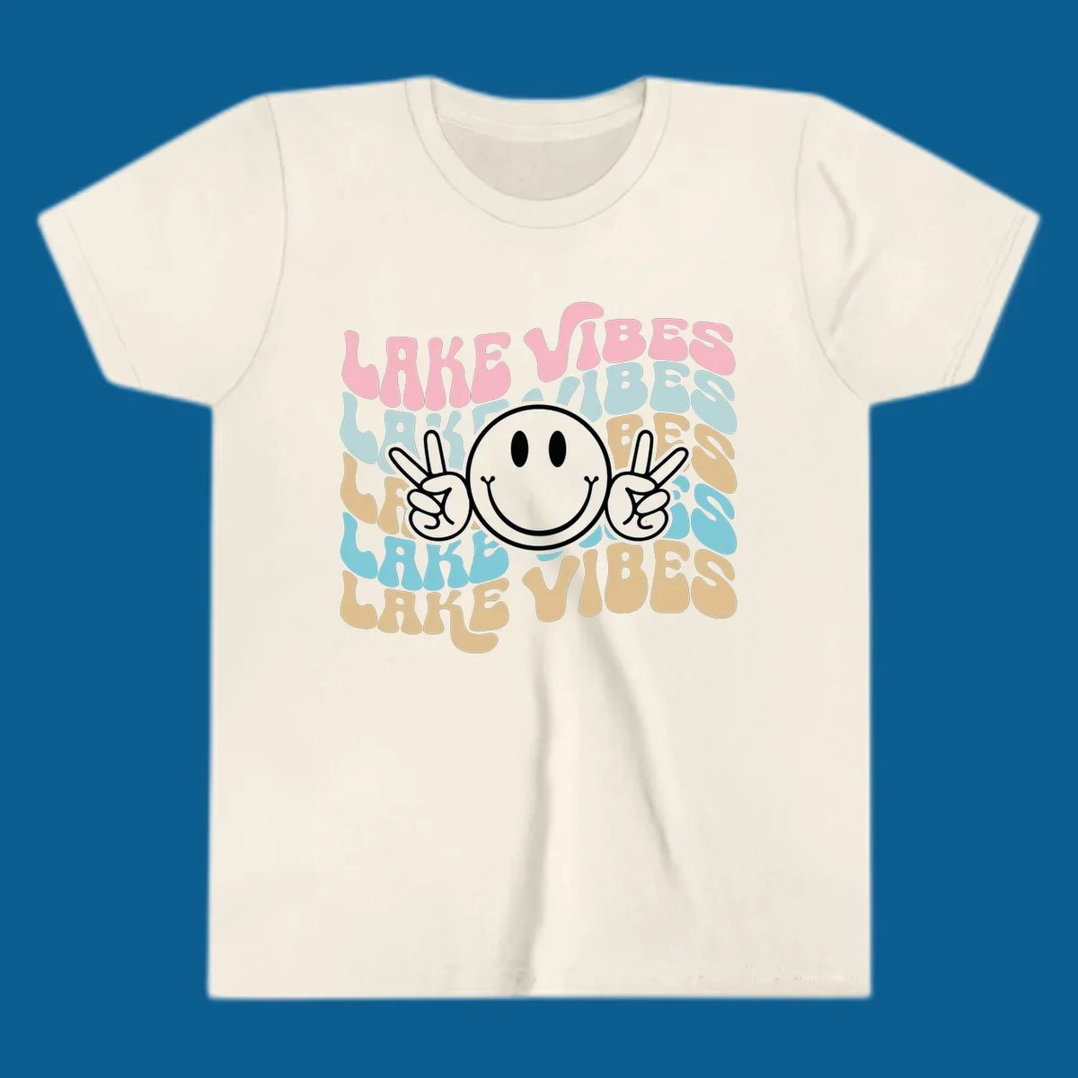 Retro lake vibes text with a black smiley face and peace signs.