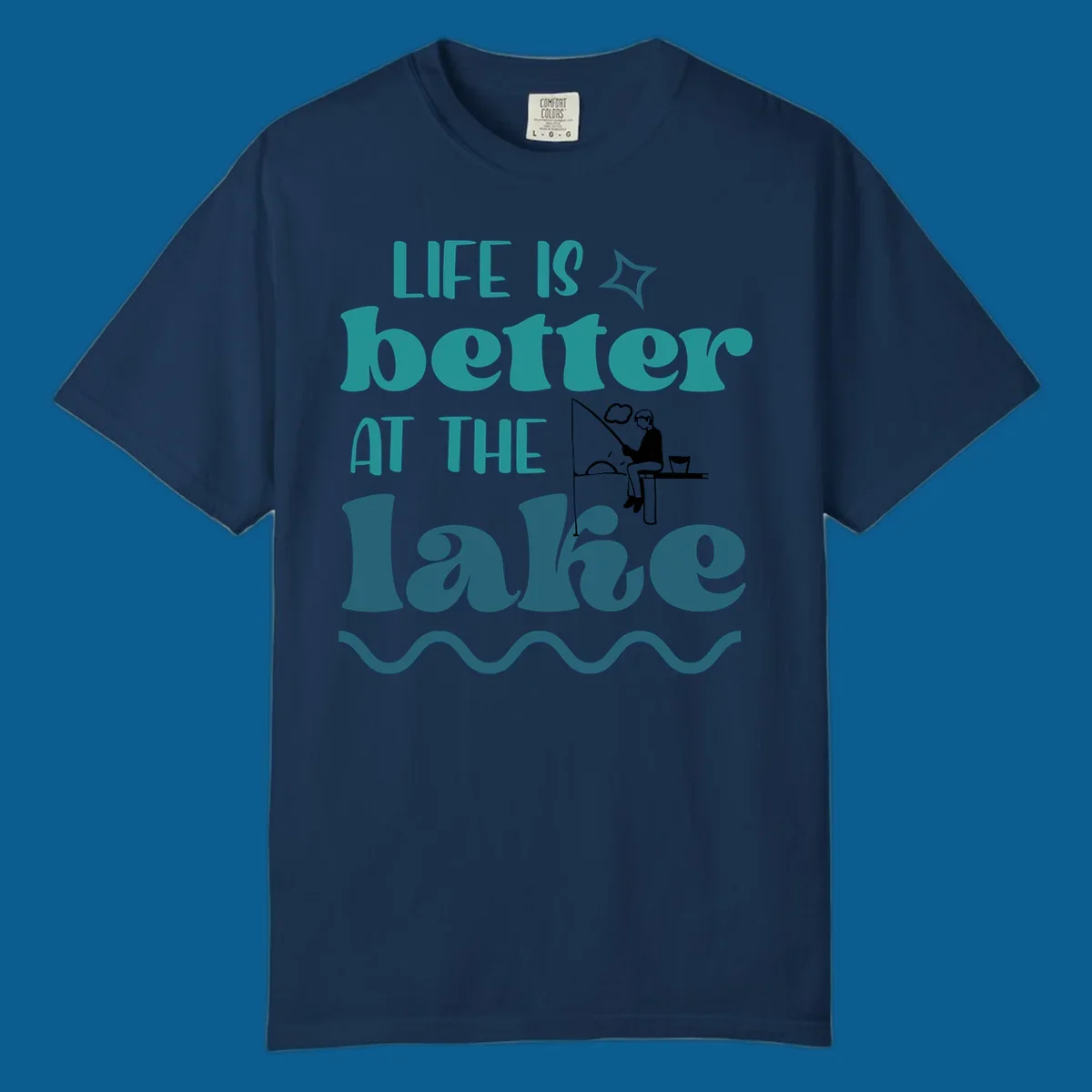 Life is better at the lake fishing design with silhouette on dock.