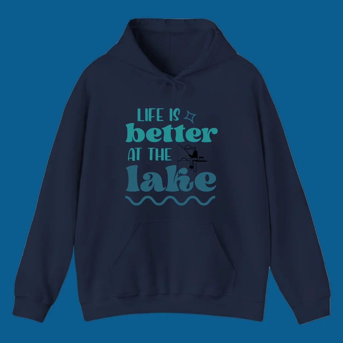 Life is better at the lake fishing design with silhouette on dock.