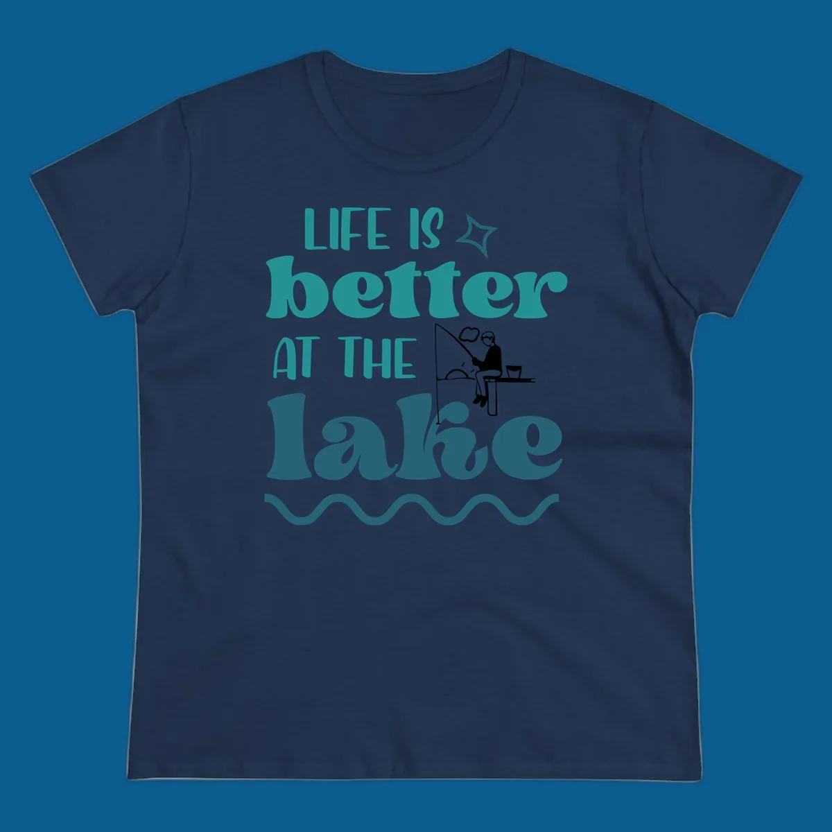 Life is better at the lake fishing design with silhouette on dock.