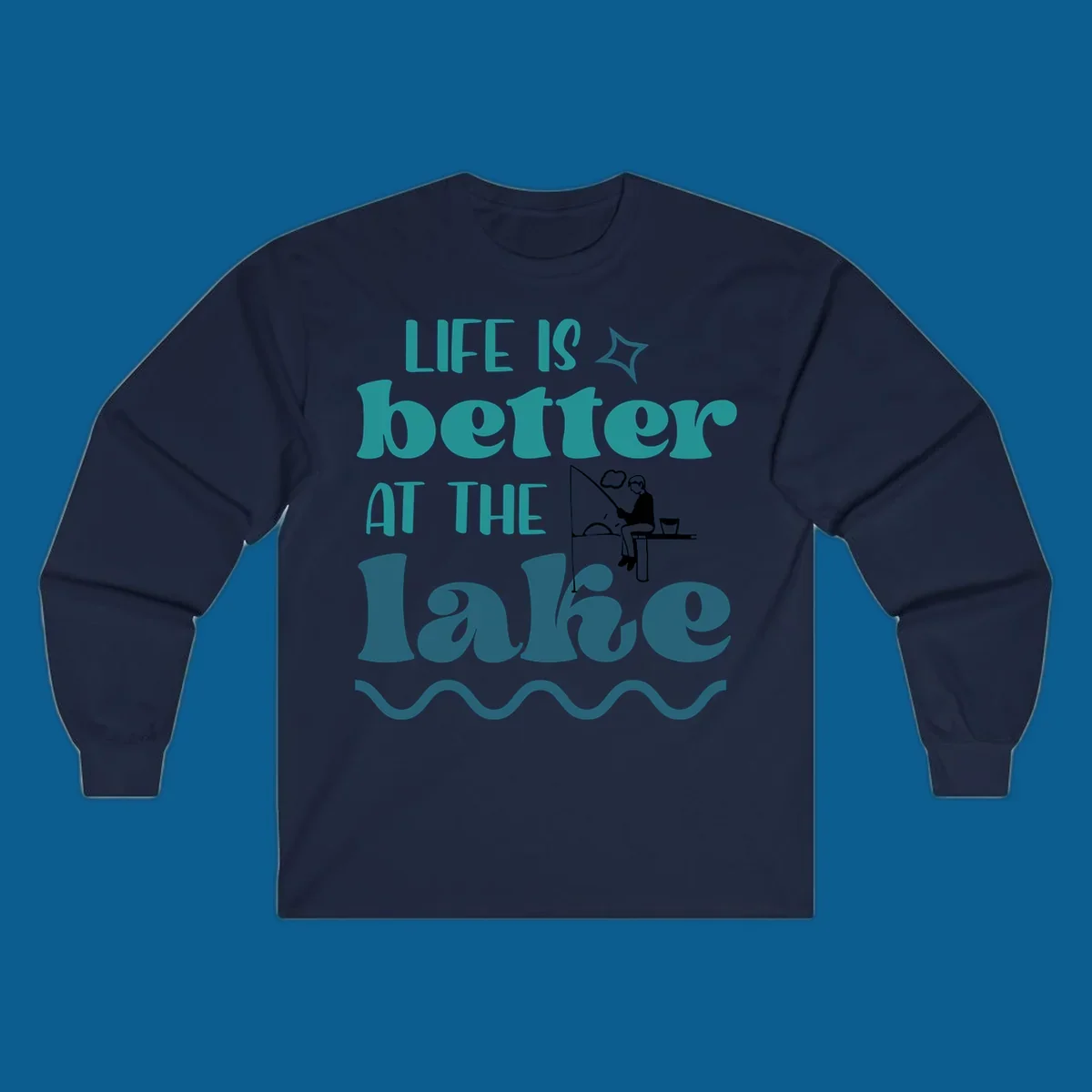 Life is better at the lake fishing design with silhouette on dock.