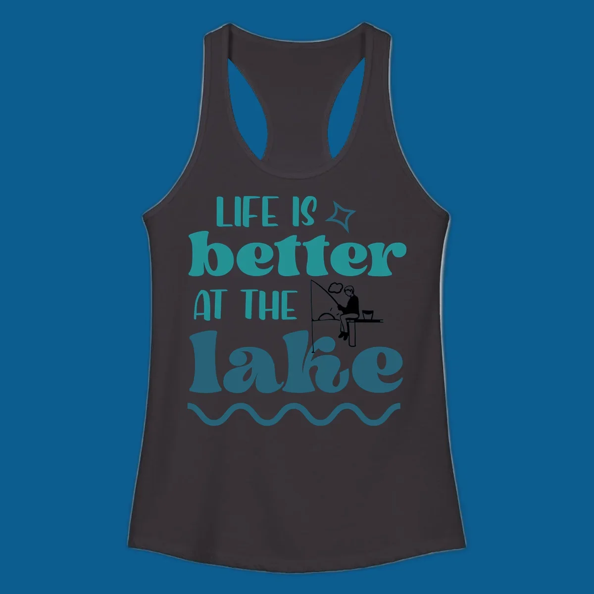Life is better at the lake fishing design with silhouette on dock.