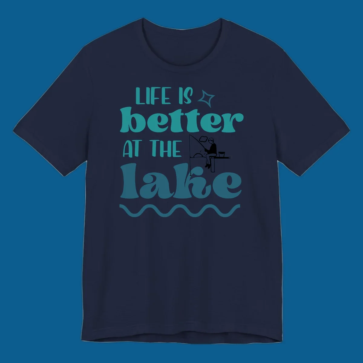 Life is better at the lake fishing design with silhouette on dock.