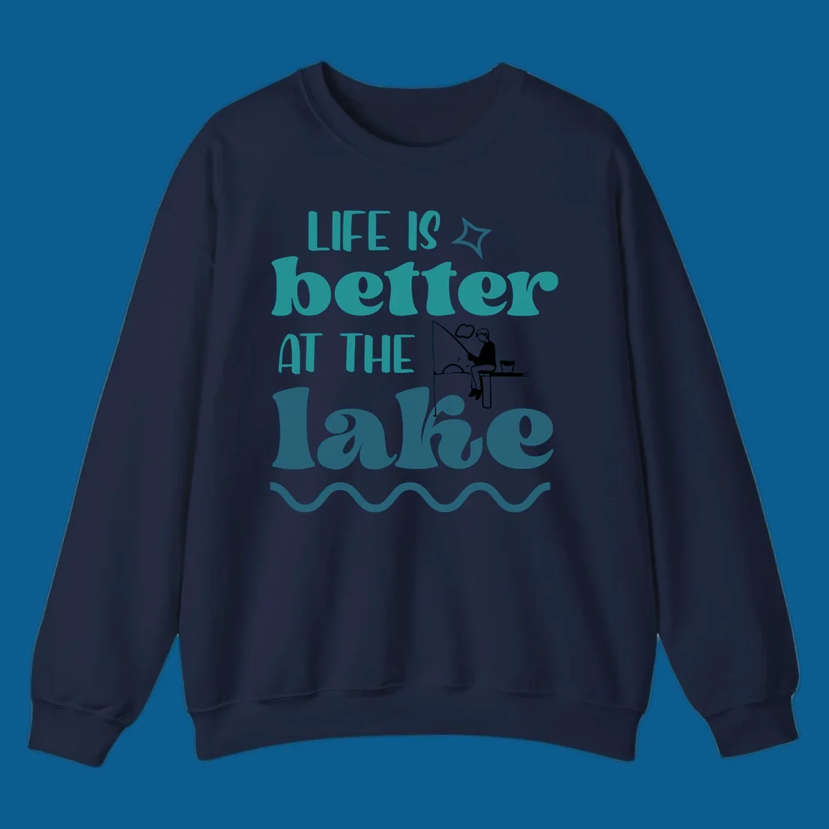 Life is better at the lake fishing design with silhouette on dock.