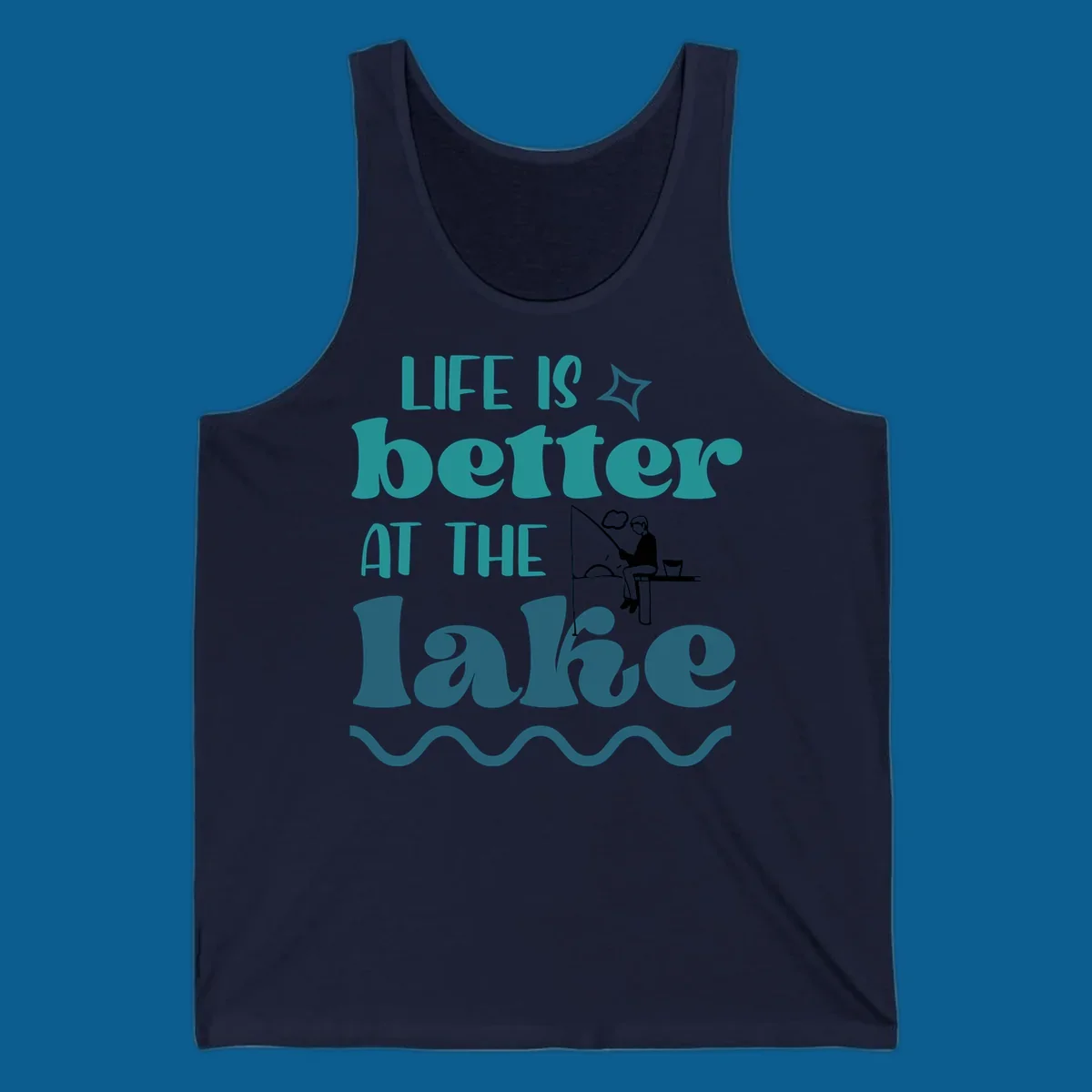 Life is better at the lake fishing design with silhouette on dock.