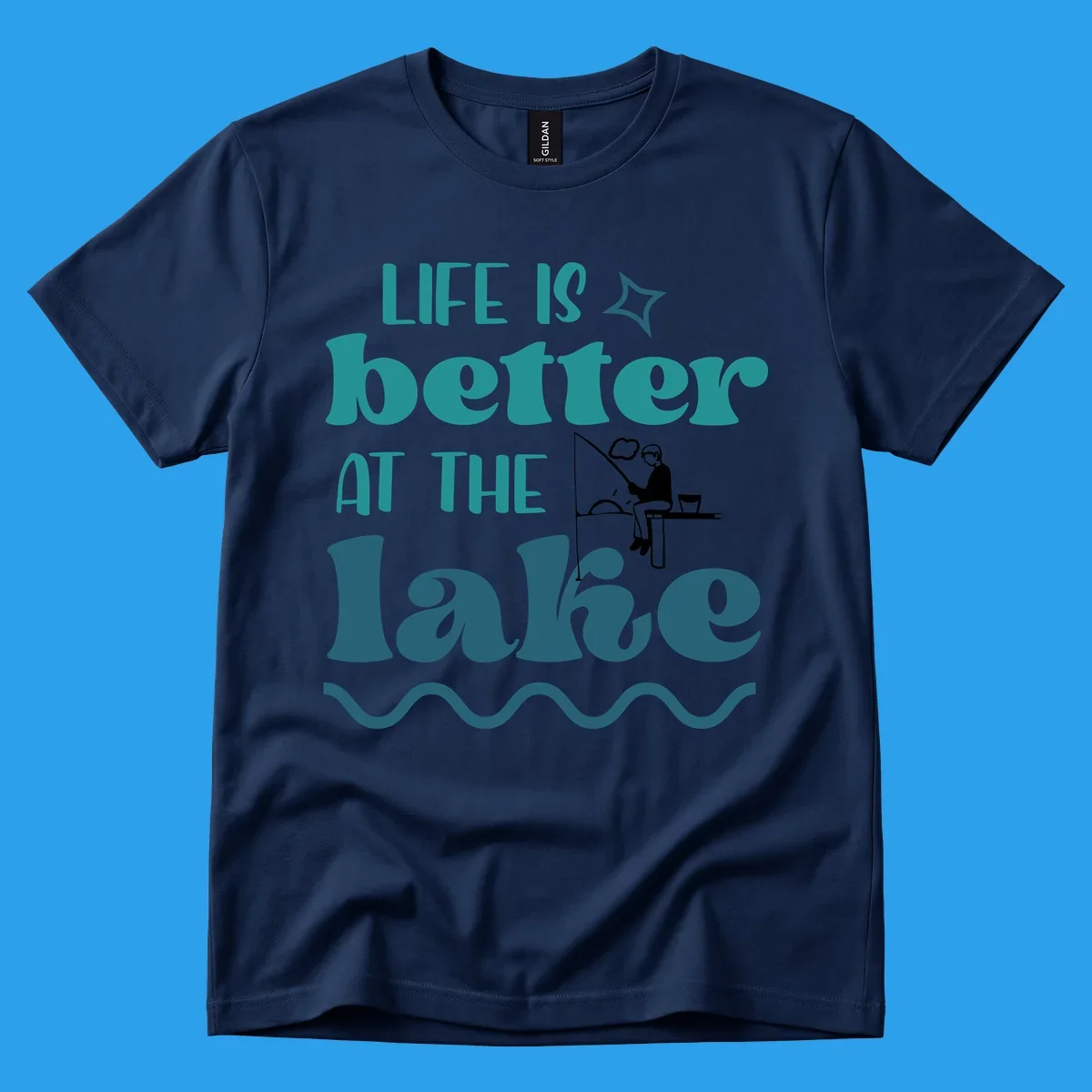 Life is better at the lake fishing design with silhouette on dock.
