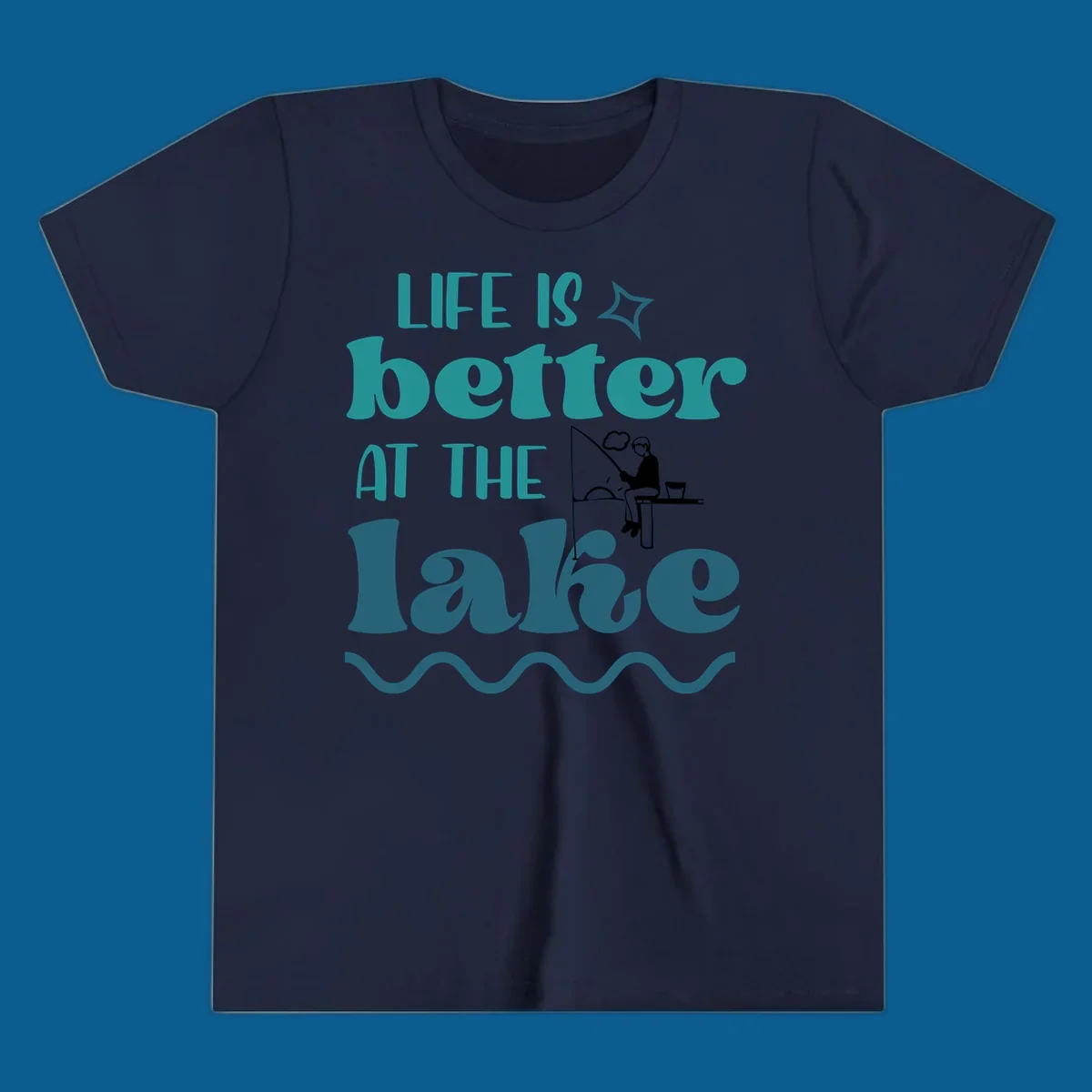 Life is better at the lake fishing design with silhouette on dock.