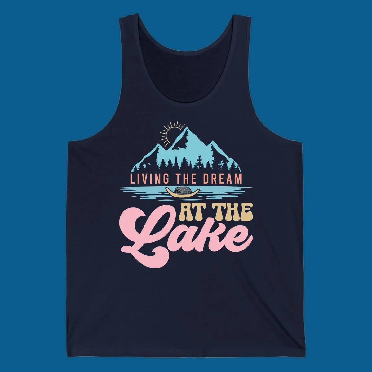 Illustration of mountains and lake with text 'Living The Dream At The Lake', representing the lake-life-dream concept.