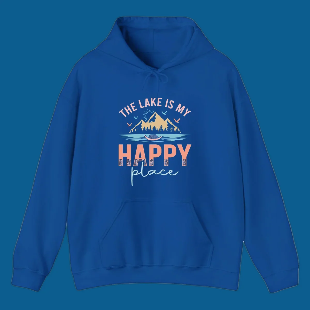 The Lake Is My Happy Place design with mountains, sun, birds, lake, and text.