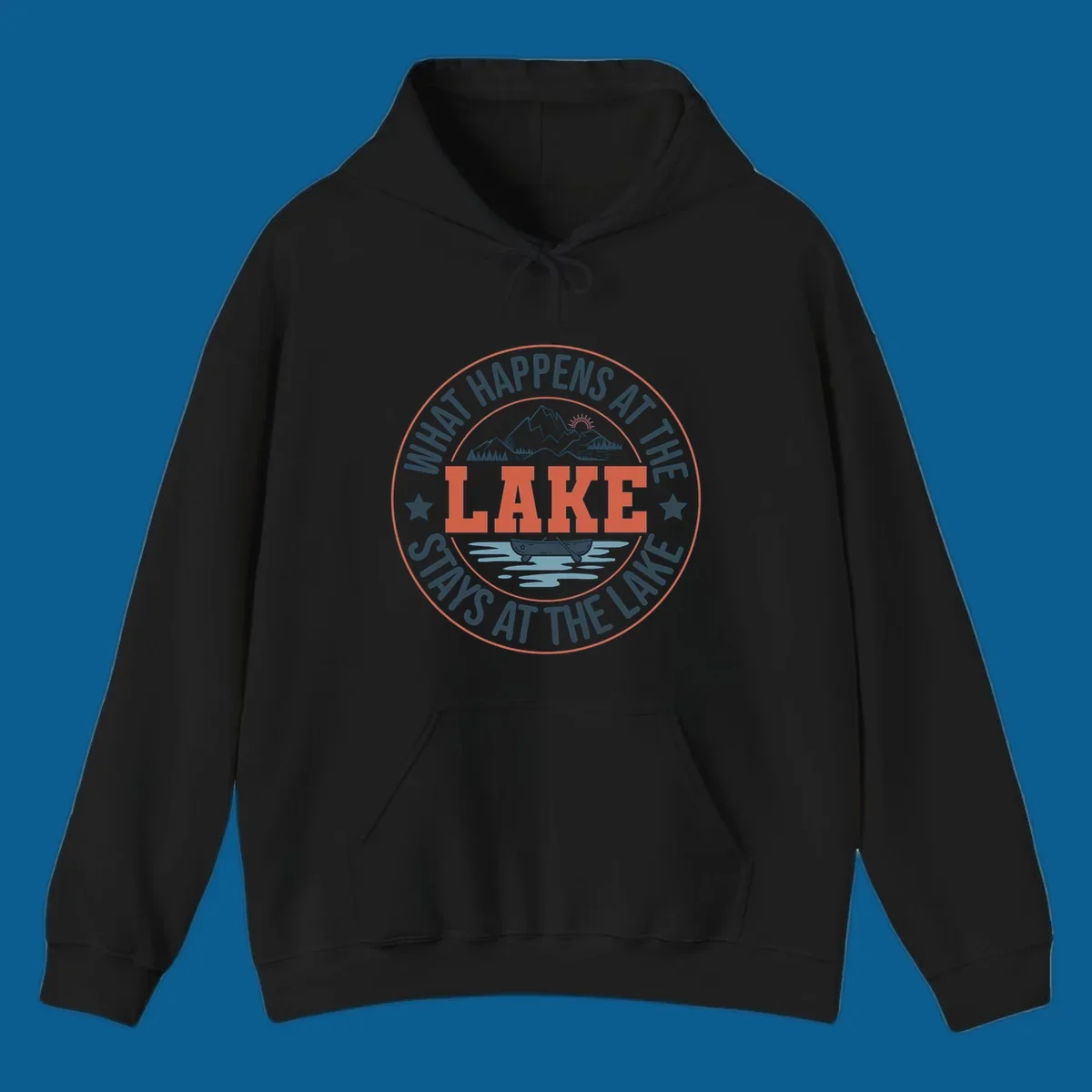 Circular badge design with "What Happens At The Lake Stays At The Lake" text and lake graphic.