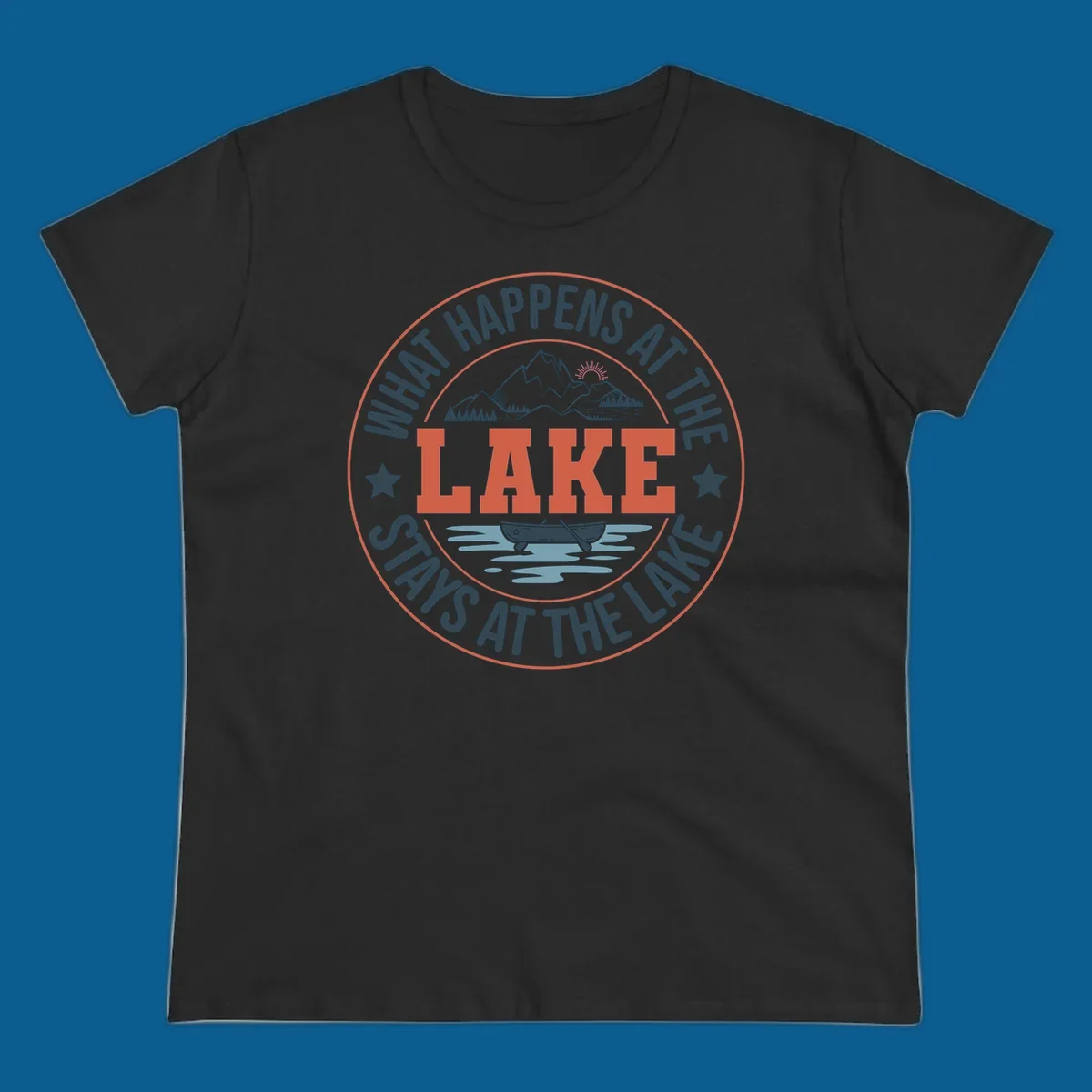 Circular badge design with "What Happens At The Lake Stays At The Lake" text and lake graphic.