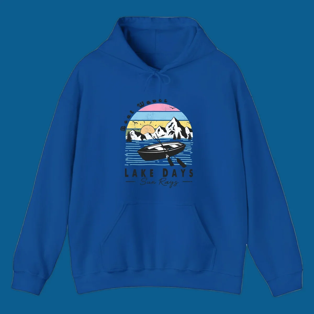 Vintage lake boat scenic design with mountains and sun, text reads Boat Waves, LAKE DAYS Sun Rays.