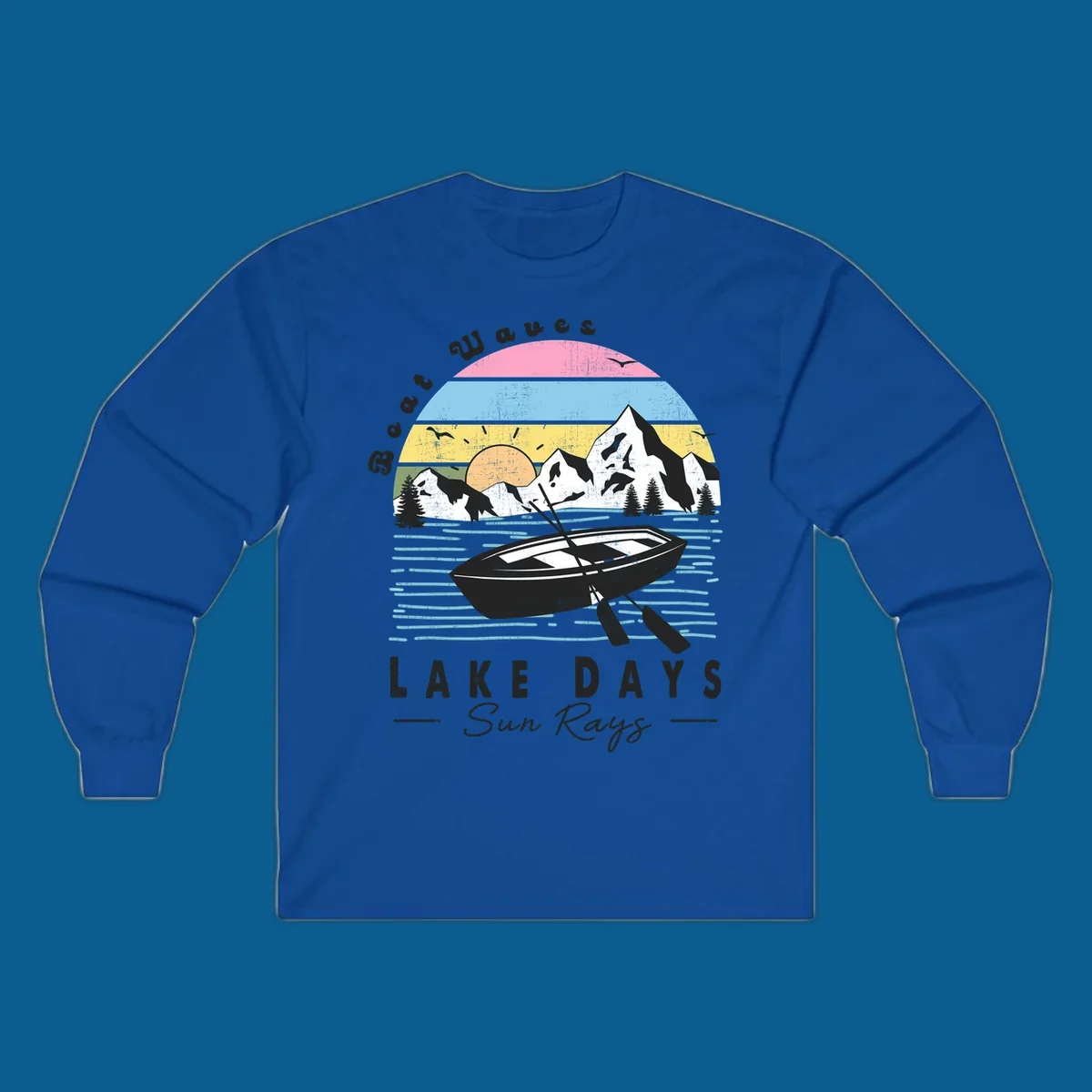 Vintage lake boat scenic design with mountains and sun, text reads Boat Waves, LAKE DAYS Sun Rays.