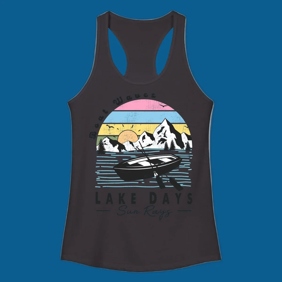 Vintage lake boat scenic design with mountains and sun, text reads Boat Waves, LAKE DAYS Sun Rays.