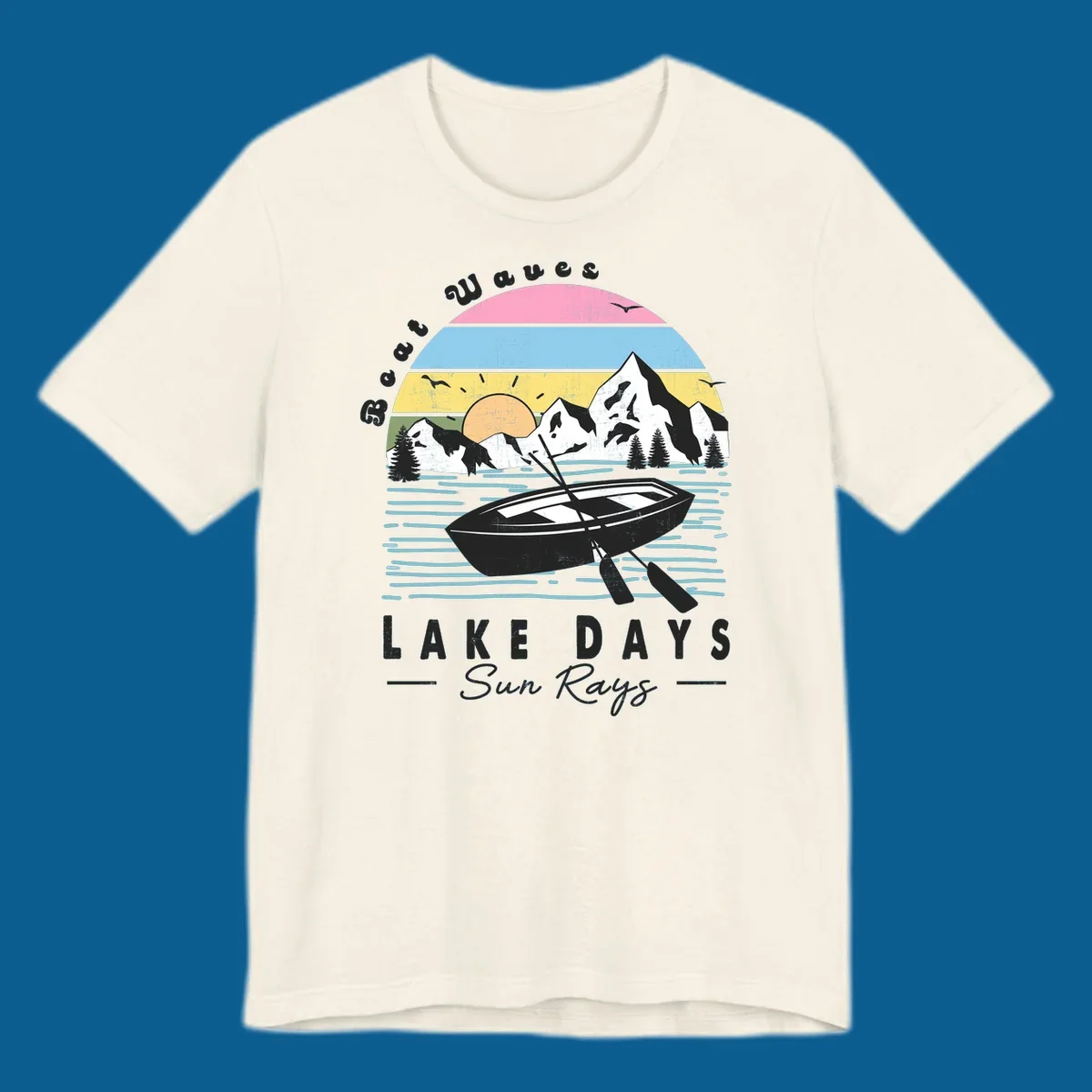 Vintage lake boat scenic design with mountains and sun, text reads Boat Waves, LAKE DAYS Sun Rays.