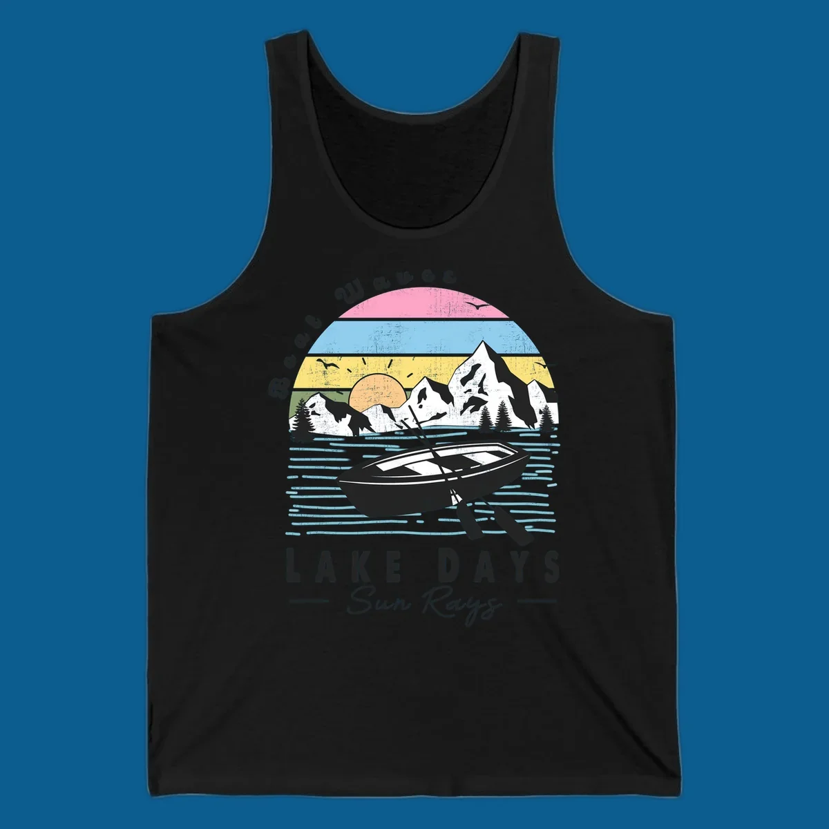 Vintage lake boat scenic design with mountains and sun, text reads Boat Waves, LAKE DAYS Sun Rays.