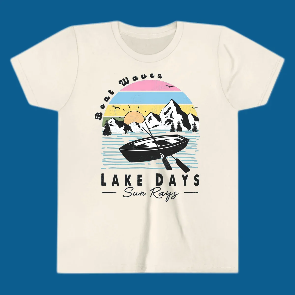 Vintage lake boat scenic design with mountains and sun, text reads Boat Waves, LAKE DAYS Sun Rays.