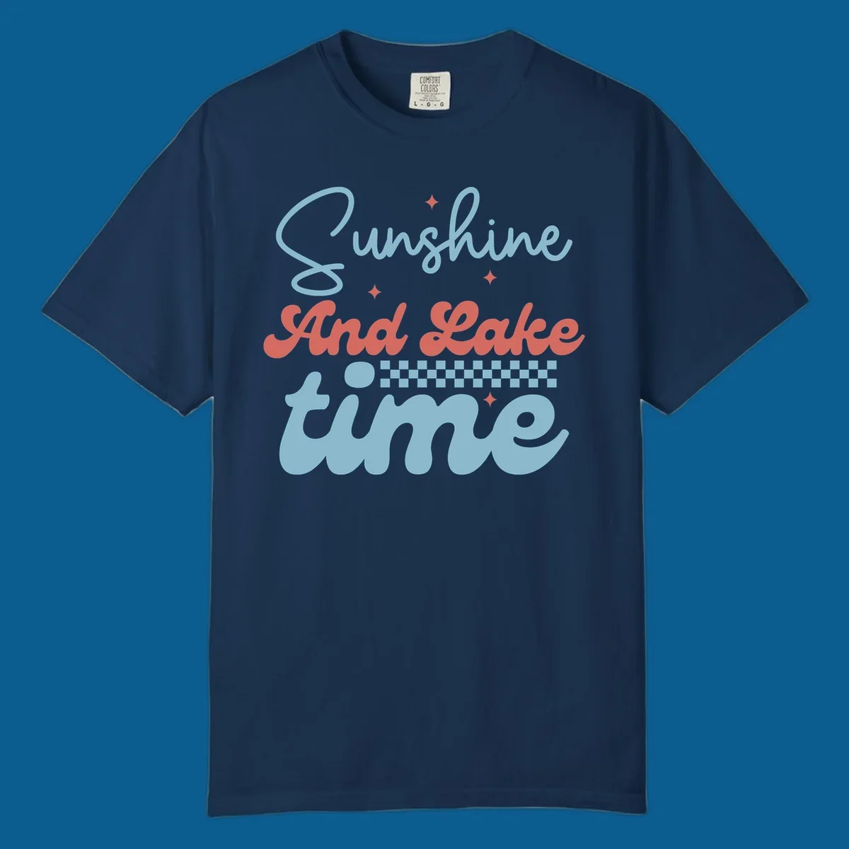 Retro sunshine and lake time text design with sparkle accents and checkerboard pattern.