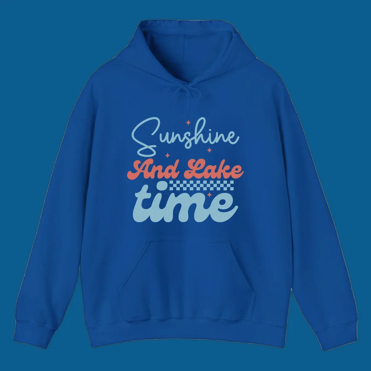 Retro sunshine and lake time text design with sparkle accents and checkerboard pattern.