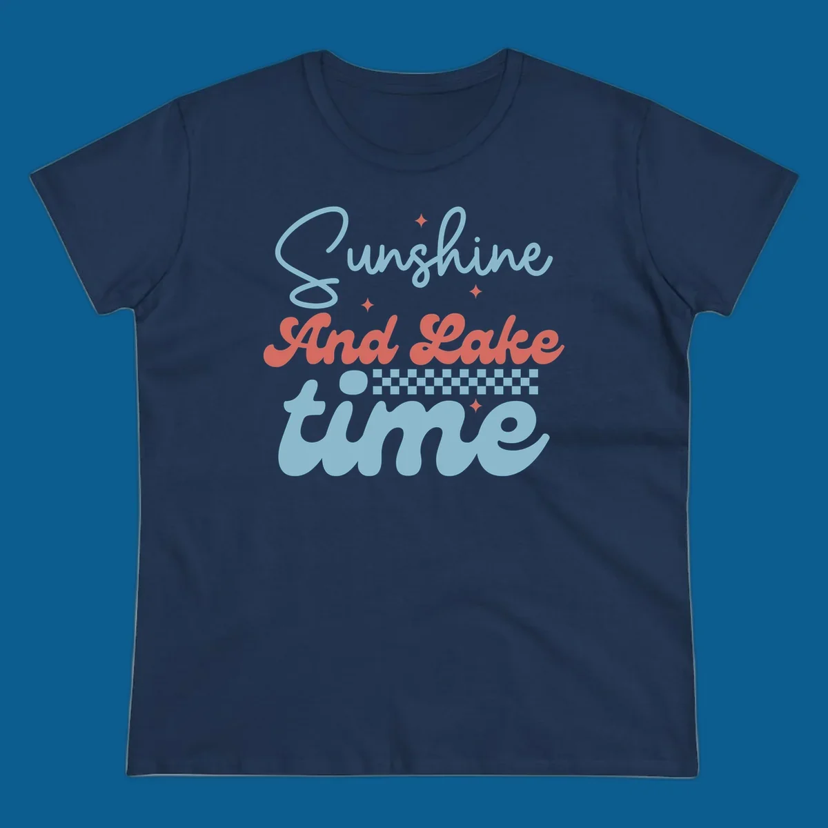 Retro sunshine and lake time text design with sparkle accents and checkerboard pattern.