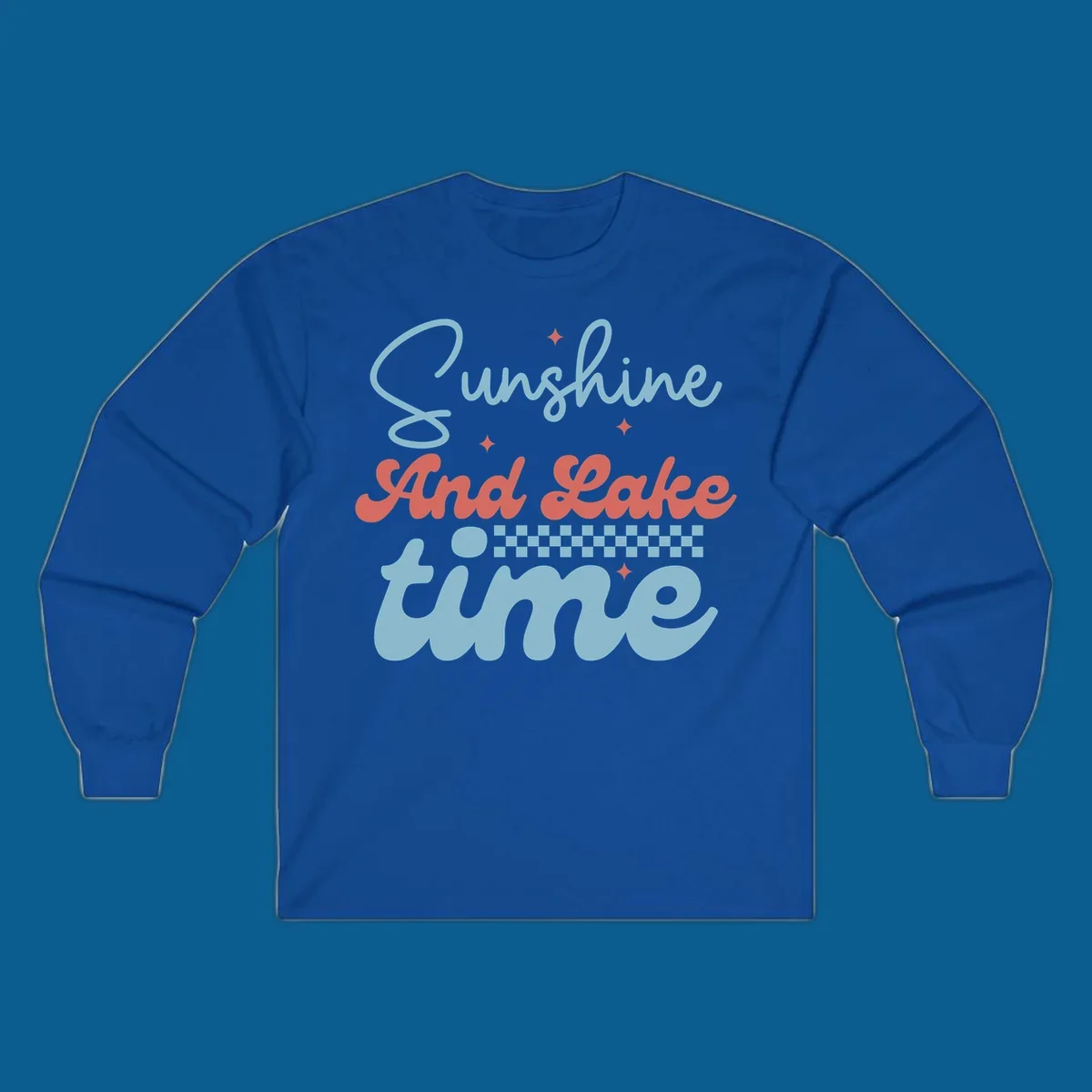 Retro sunshine and lake time text design with sparkle accents and checkerboard pattern.