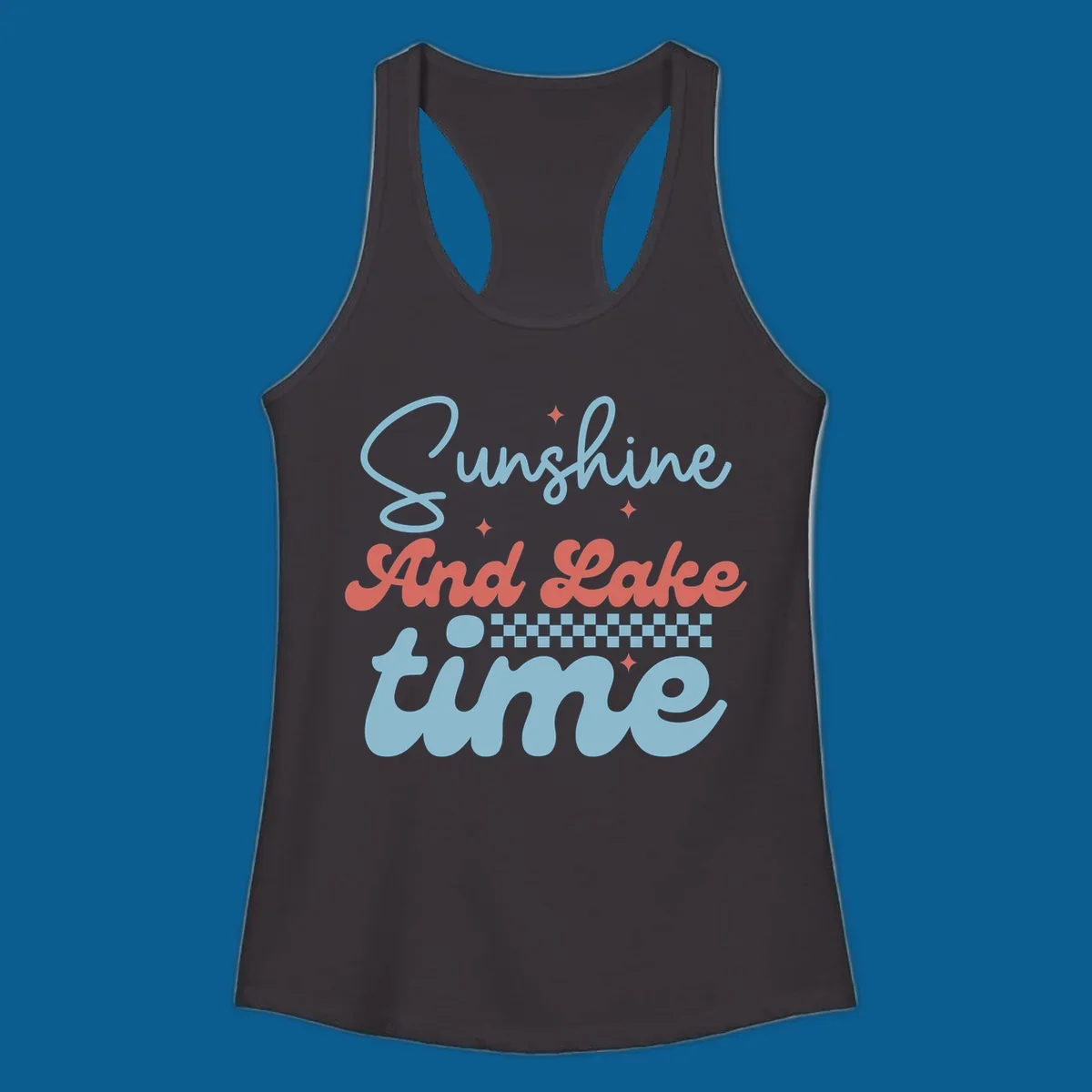 Retro sunshine and lake time text design with sparkle accents and checkerboard pattern.