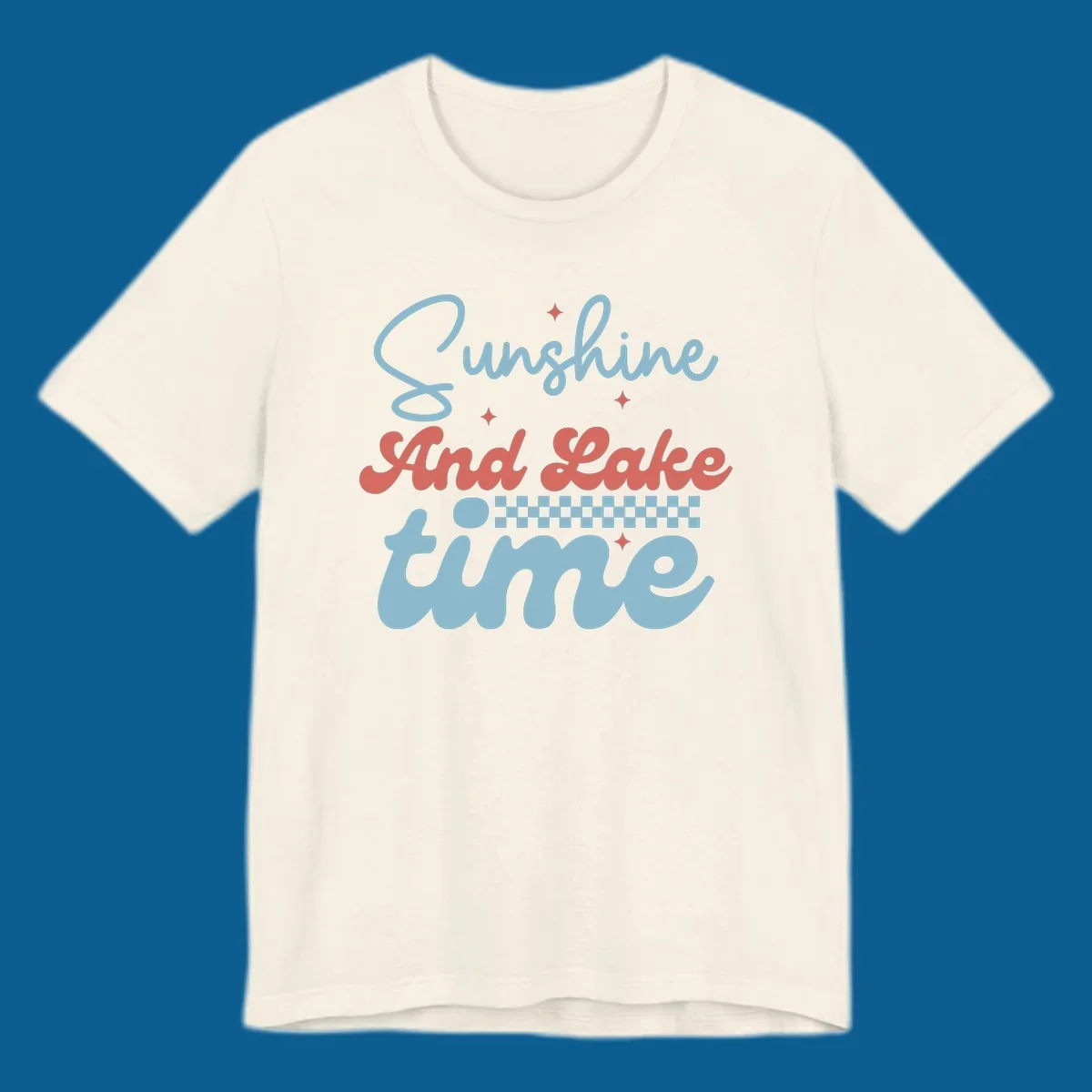 Retro sunshine and lake time text design with sparkle accents and checkerboard pattern.