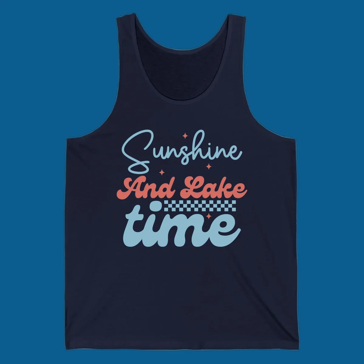 Retro sunshine and lake time text design with sparkle accents and checkerboard pattern.