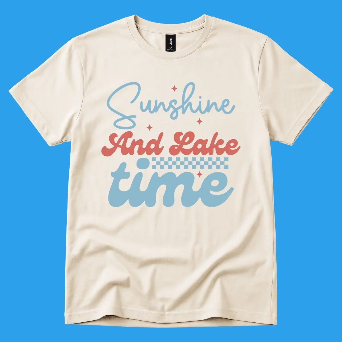 Retro sunshine and lake time text design with sparkle accents and checkerboard pattern.