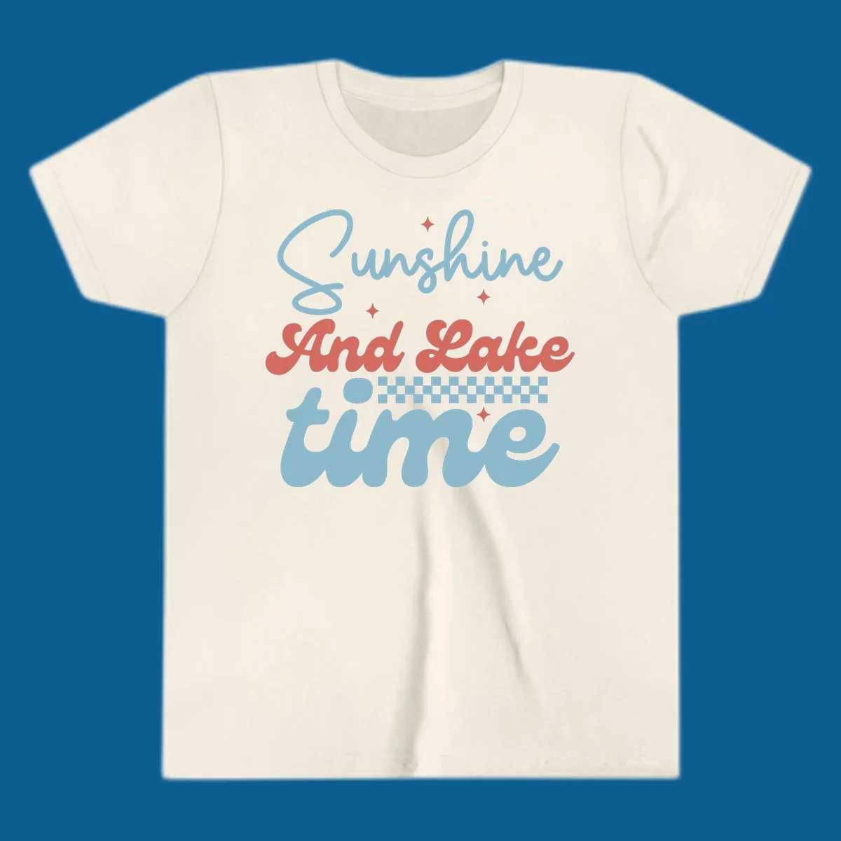 Retro sunshine and lake time text design with sparkle accents and checkerboard pattern.