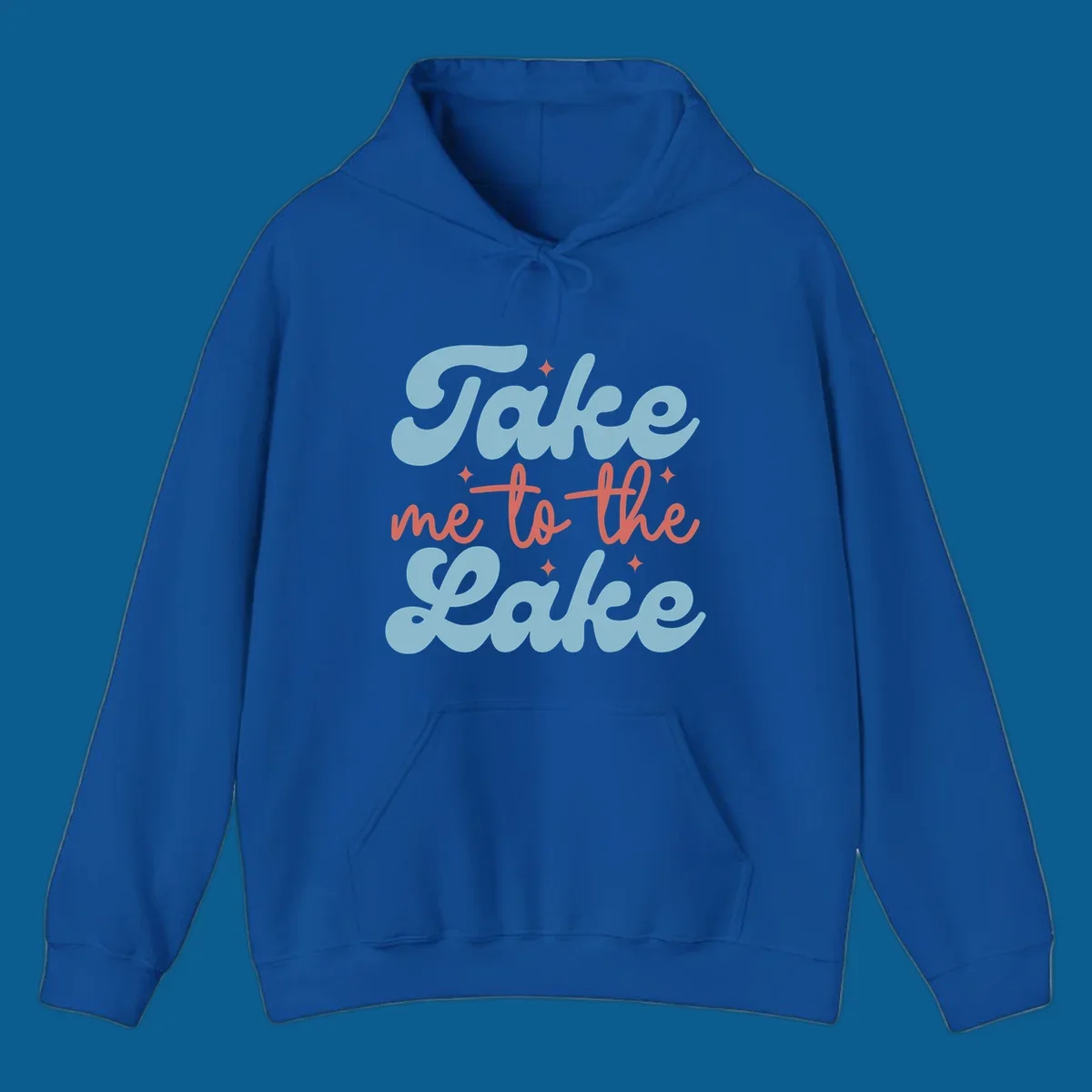 Retro 'Take me to the lake' text design with blue and coral lettering and white starbursts.