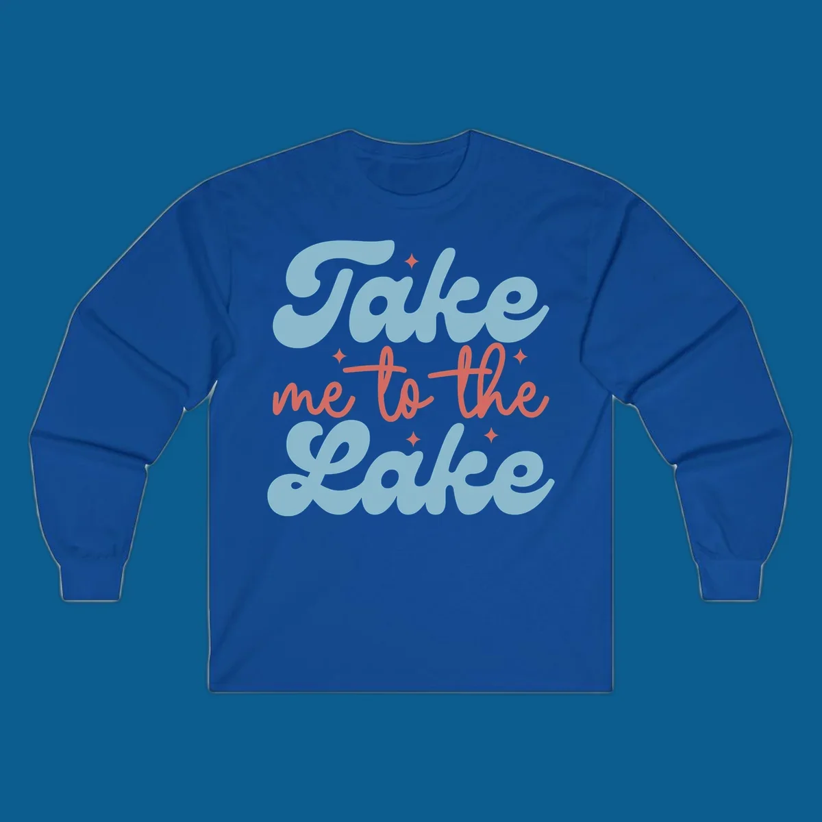 Retro 'Take me to the lake' text design with blue and coral lettering and white starbursts.